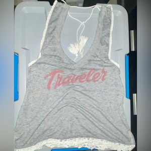 White Crow “Traveler” Gray Halter Top w Lace Edges,Slit Sides-Size S -Stapleton